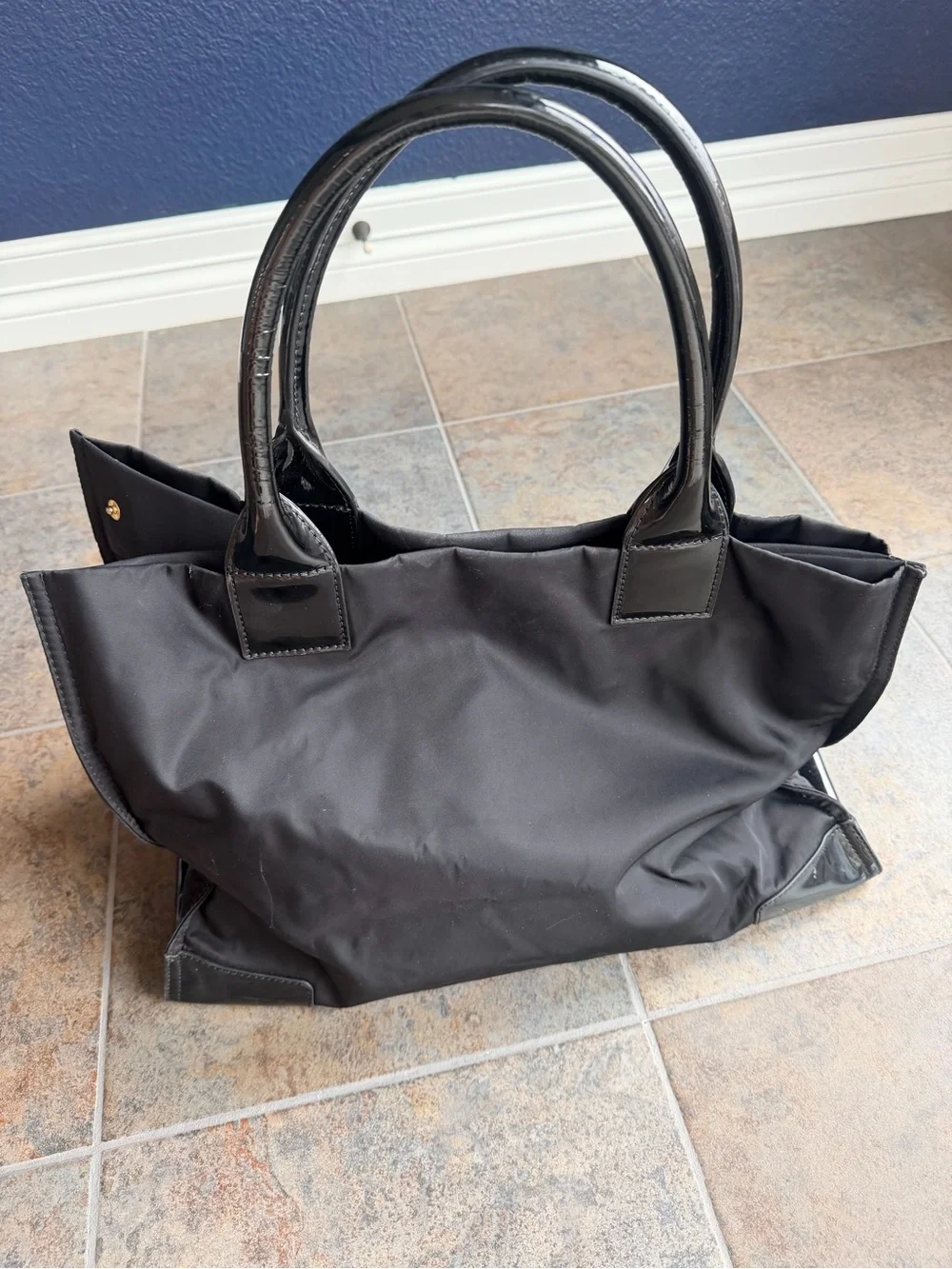 Tory Burch Black Nylon Ella Tote Bag with Patent Leather Logo